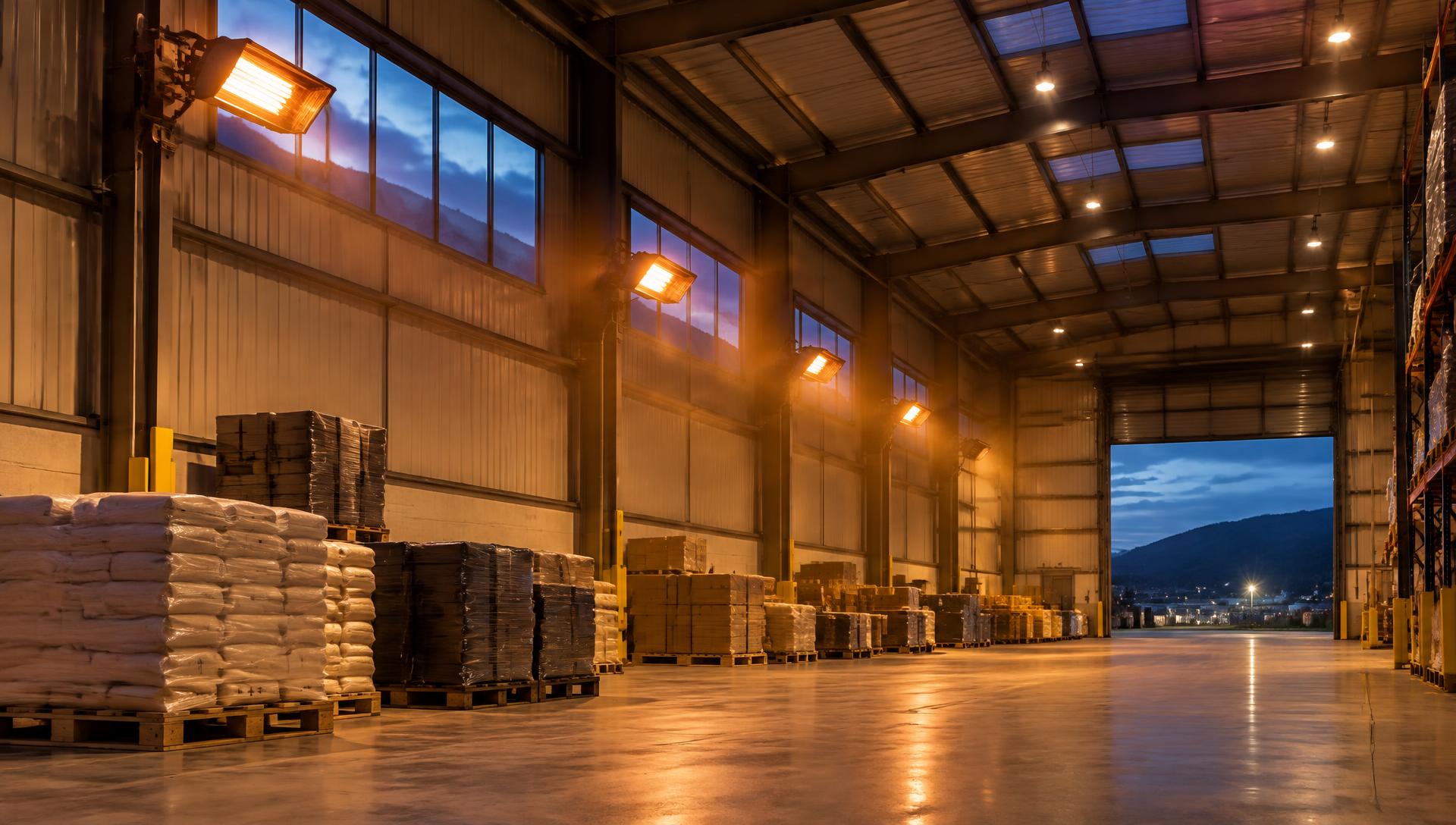 Warehouse kept warm by suspended heaters